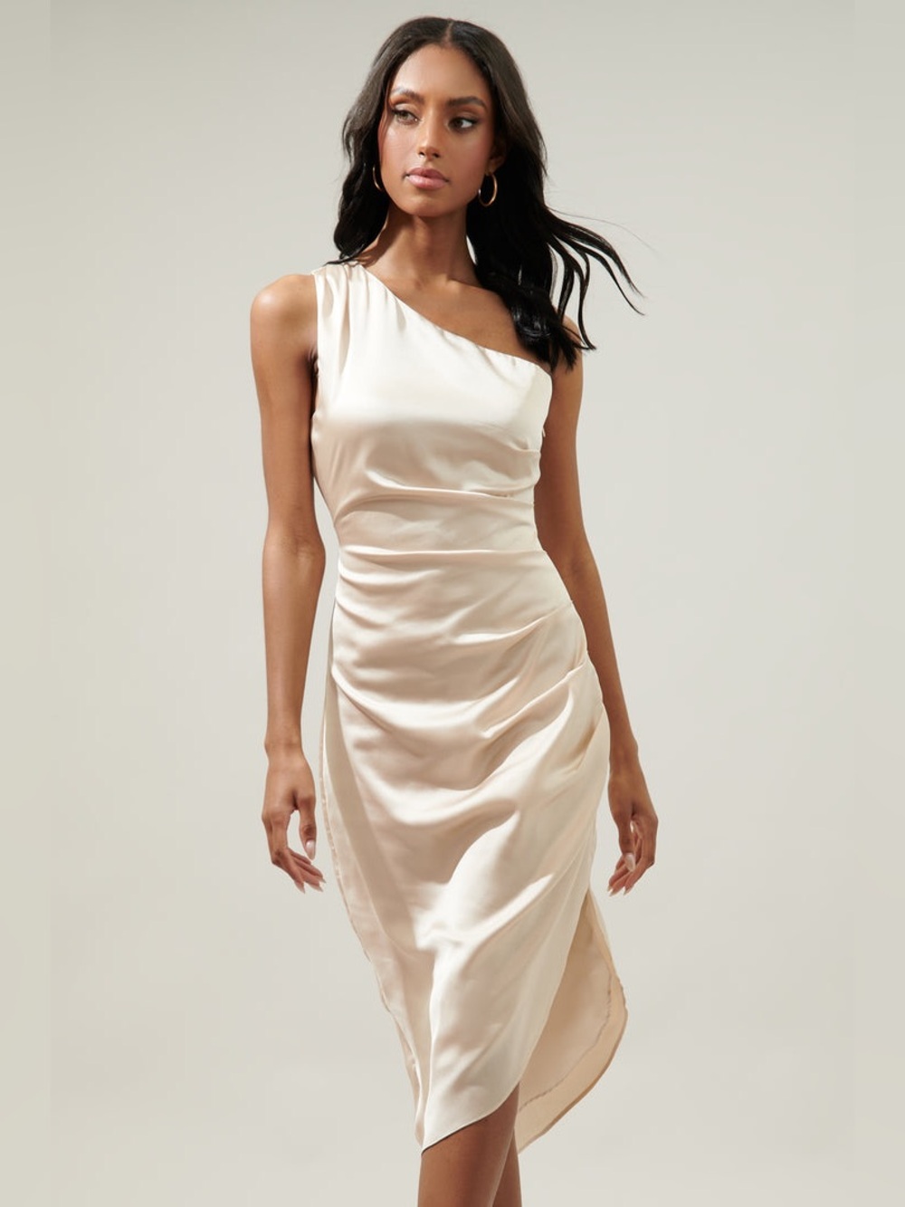 Sugar Lips One Shoulder Satin Midi Dress Champagne Small Ruched Asymmetric